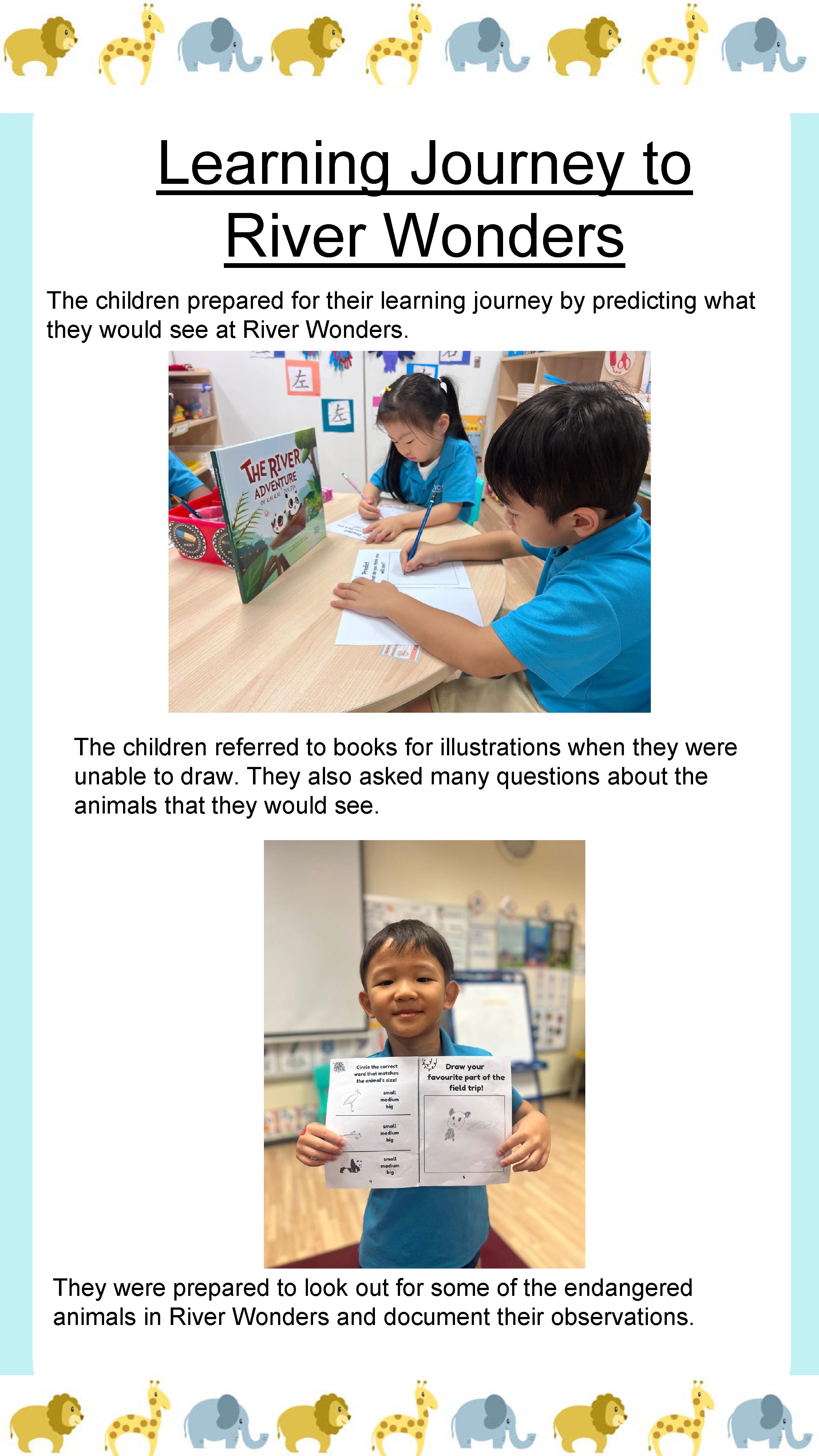 Children prepare for a River Wonders visit by researching animals, making predictions, and recording observations about wildlife.